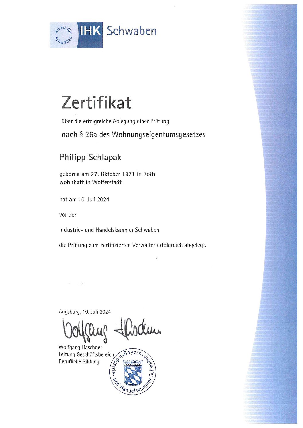 Zertifikat_Philipp Schlapak_zertifizierter Verwalter Zertifikat